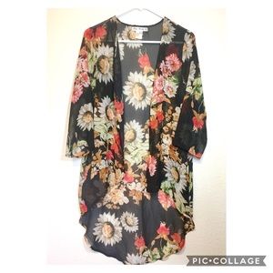 Black Hi-Low Floral Daisy Rose Sheer Kimono
